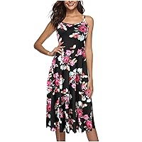 Women's Bohemian Swing Dress Beach Sleeveless Midi Flowy Round Neck Trendy Glamorous Casual Loose-Fitting Summer Print Black
