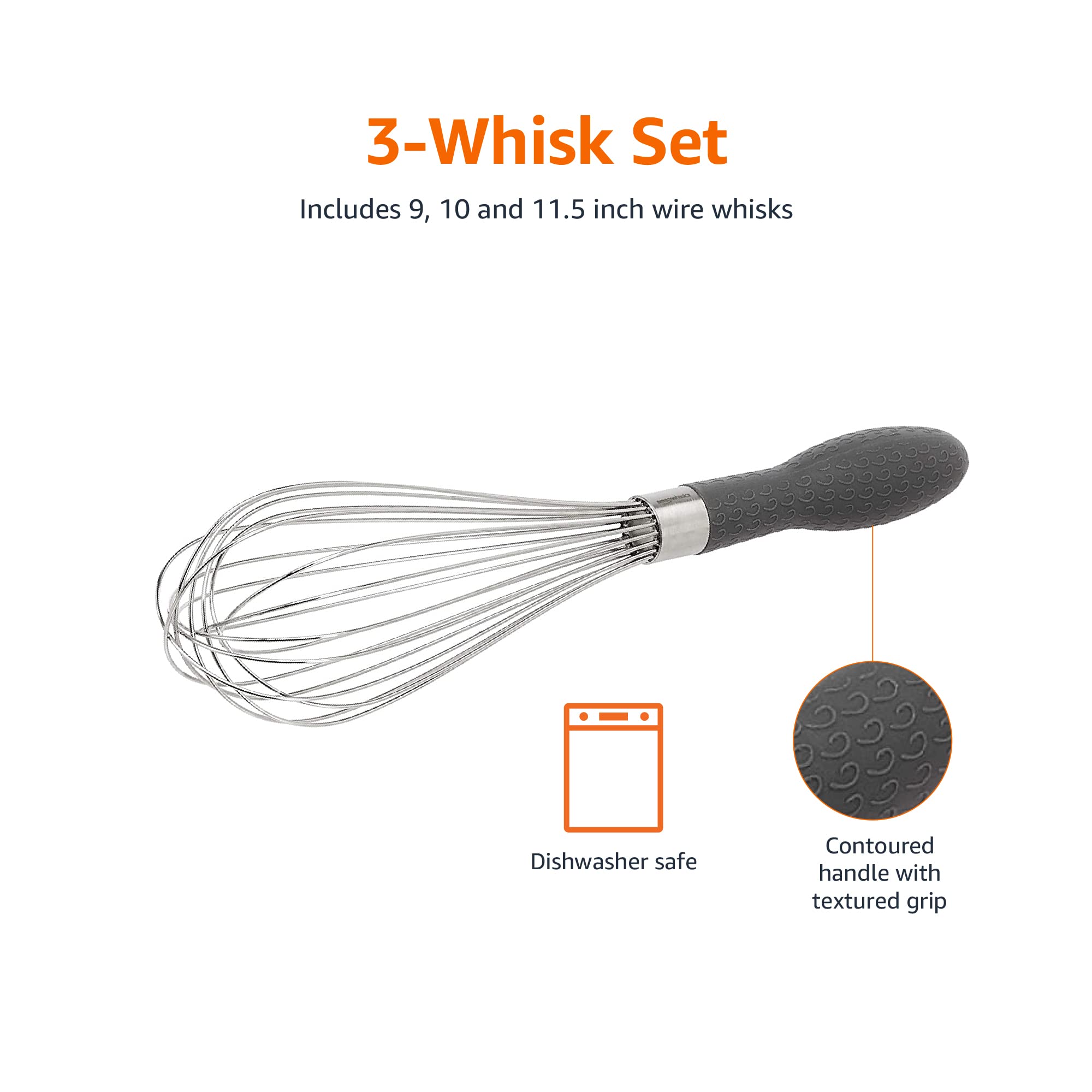 Amazon Basics Stainless Steel Wire Whisk Set - 3-Piece