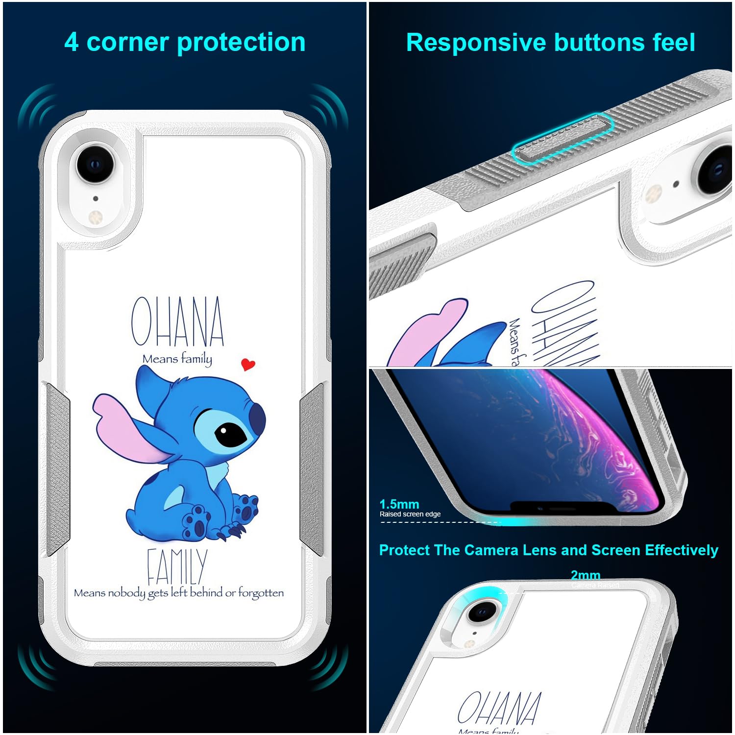 Candykisscase Case for iPhone Xs, Stitch Ohana Means Family Pattern Shock-Absorption Hard PC and Inner Silicone Hybrid Dual Layer Armor Defender Case Protective Cover for Apple iPhone X and iPhone Xs