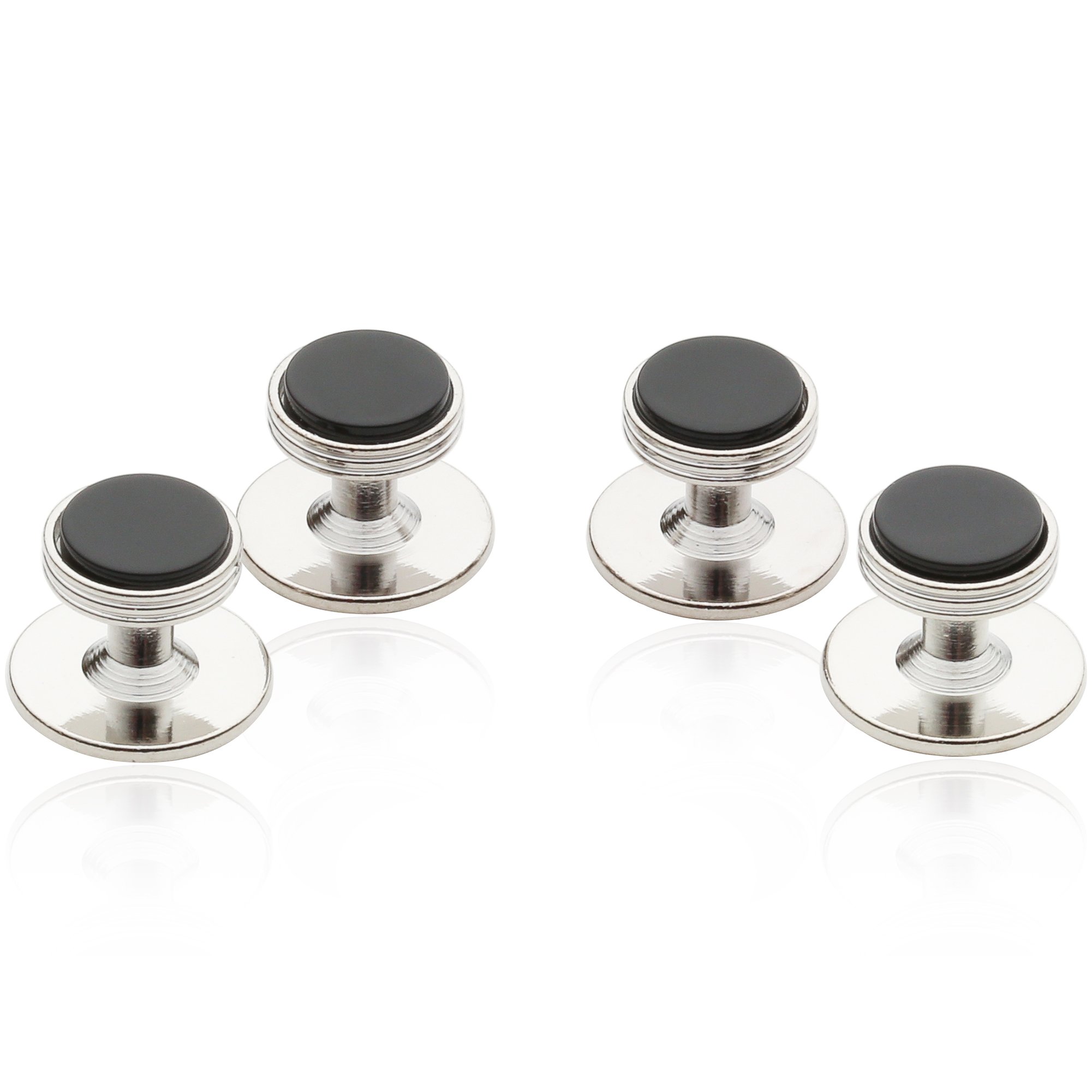 Cuff-Daddy Mens Black Onyx Tuxedo Shirt Studs Set of 4 Silver Wedding Groomsmen in Velour Pouch