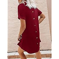 Necklaces for Women Fake Button Dolman Sleeve Tee Dress (Color : Burgundy, Size : L)