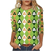 St Patricks Day Funny Shirts for Women Irish Shamrock Geometric Graphic Pullover 3/4 Sleeve Crewneck Casual T-Shirts