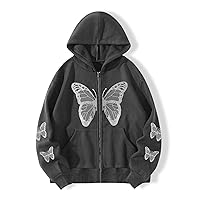 sweatshirts for women - Butterfly Print Zip Up Drawstring Thermal Hoodie (Color : Dark Grey, Size : Small)