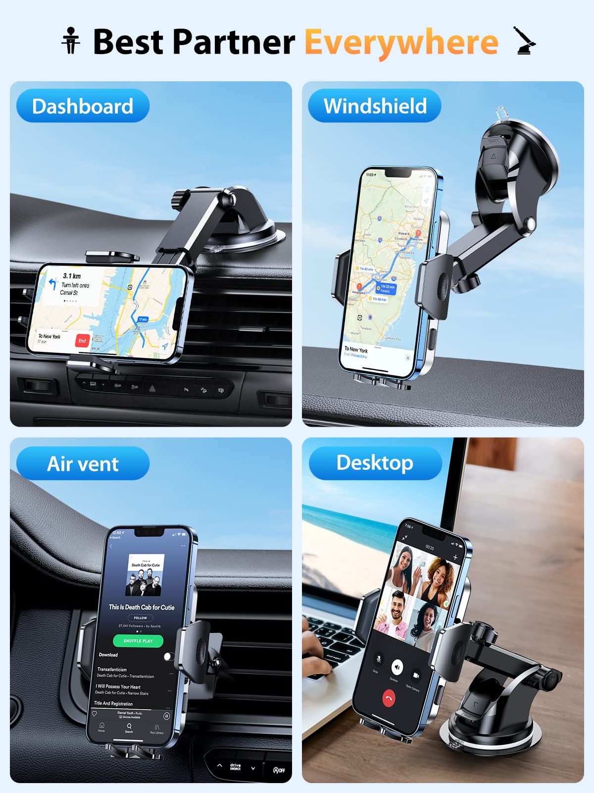 VICSEED Car Phone Holder Mount, [Non-Shaking & No More Falling Phones] Cell Phone Holder Car Mount Hands-Free Universal Cell Phone Mount for Car Dashboard/Windshield/Air Vent Fit for All Mobile Phones