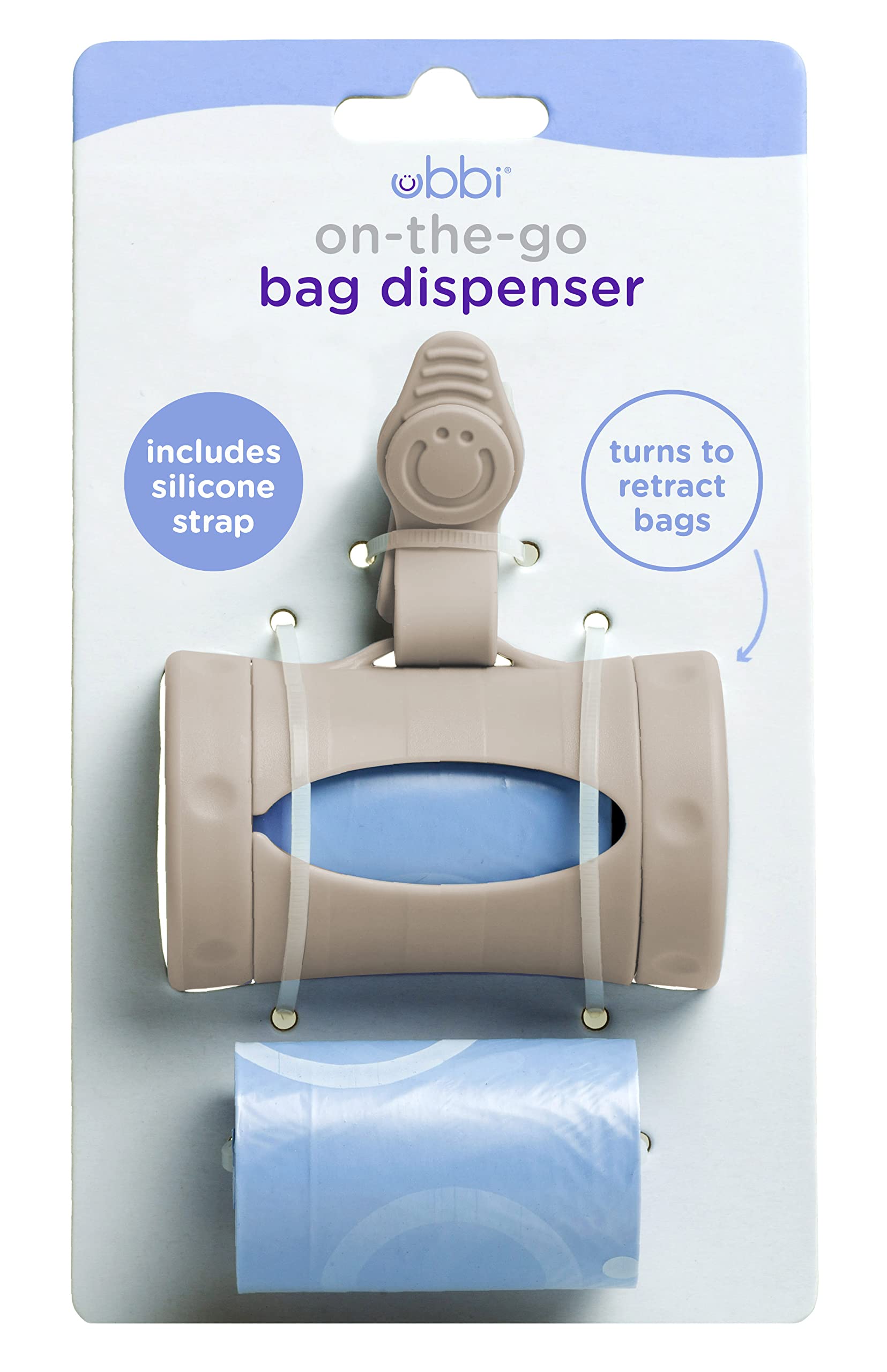 Ubbi Retractable On-the-Go Bag Dispenser for Baby Travel, Diaper Bag Accessory Must Have for Newborns, Helpful Baby Accessory, Taupe