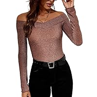 Women's Tops Shirts Sexy Tops for Women Off Shoulder Glitter Tee Shirts for Women (Color : Coffee Brown, Size : Small)
