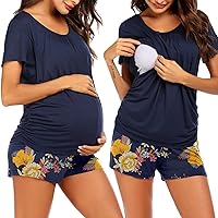 Ekouaer Women's Maternity Nursing Pajama Set Breastfeeding Sleepwear Set Double Layer Short Sleeve Top & Shorts Pregnancy PJS