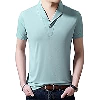 Mens V Neck Novelty Designed T-Shirt Ice Silk Collar Lapel Slim Fit Tee Casual Loose Solid Color Short Sleeves
