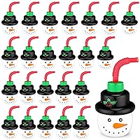 Sliner 24 Pieces Christmas Snowman Cups Christmas Plastic Party Cups Christmas Reusable Plastic Cups Set with Lid and Straw for Christmas Party Decoration, Party Supply Drinkware