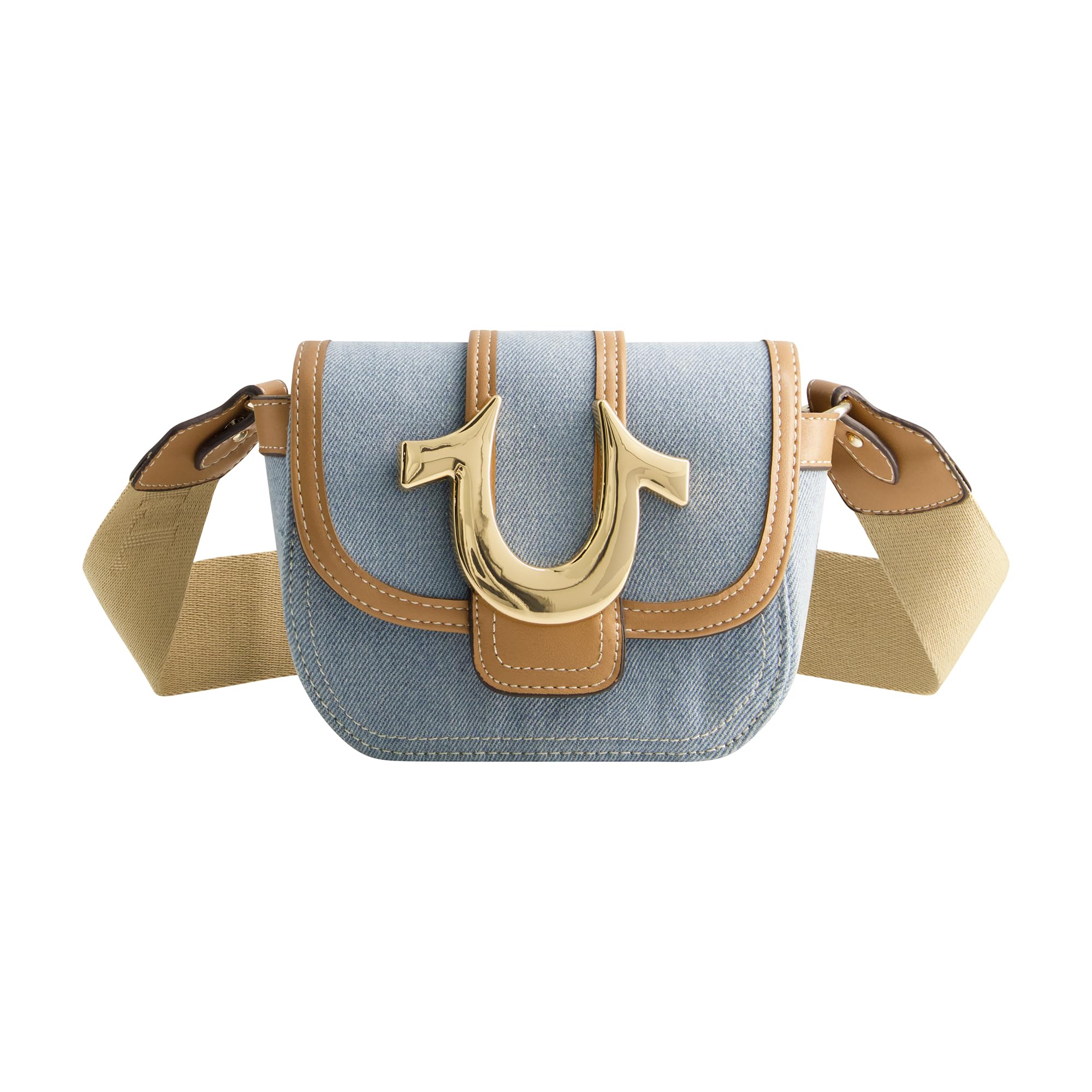 True Religion Women's Crossbody Bag, Denim Mini Flap Adjustable Shoulder Handbag with Horseshoe Logo, Light Blue