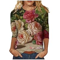 Women's T Shirts Cute Floral Dressy Blouses 3/4 Sleeve Casual Crew Neck Shirts Summer Trendy Loose Fit Tops