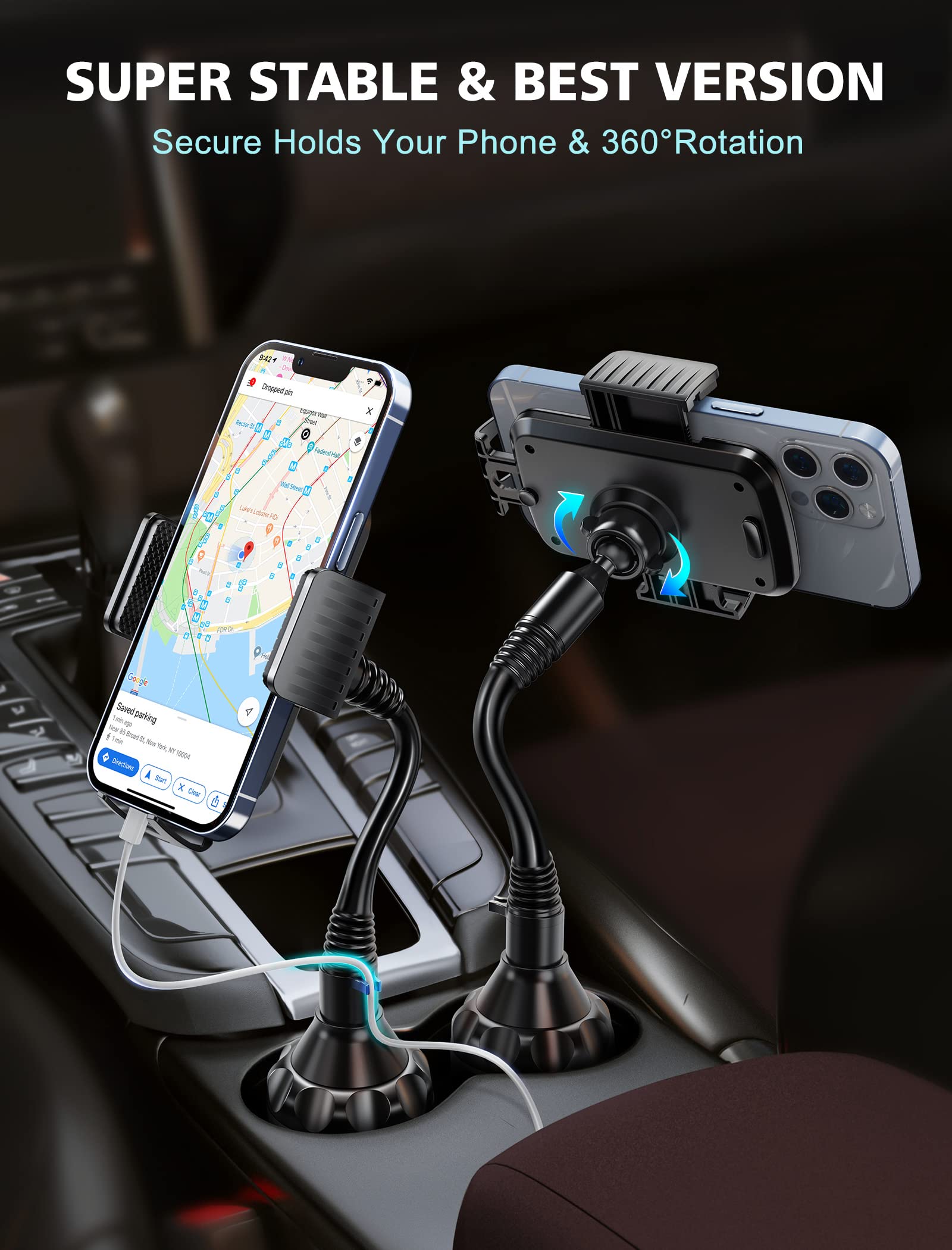 TOPGO [Upgraded Cup Holder Phone Holder for Car, Phone Mount Universal Adjustable Gooseneck Cup Holder Cradle Car Mount for Cell Phone iPhone 14,Samsung,LG (Black)