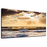 Sunset Ocean Canvas Wall Art - Ocean Waves Wall Decor Glow Sea Scene Picture Painting Nature Landscape Prints Sunset Over the Ocean Painting Artwork Living Room Bedroom Office Home 30