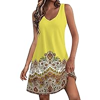 Summer Womens Dresses Summer Dresses for Women 2024 Ethnic Print Vintage Fashion Loose with Spaghetti Strap Tunic Beach Dress Yellow Large
