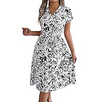Flowy Dresses for Women, Spring and Casual V Neck Button Down Short Sleeved Flower Swing Dress Cross, S XL