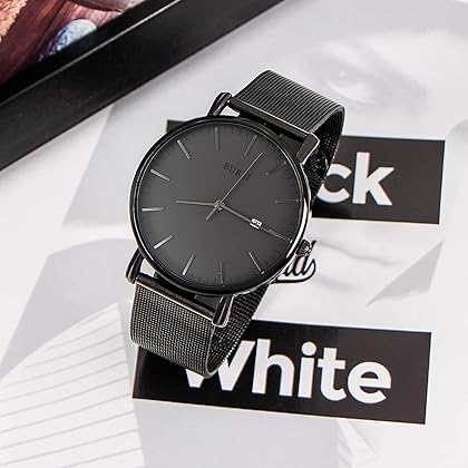 BUREI Men's Fashion Minimalist Wrist Watch Waterproof Watches Simple Ultra Thin Watches Analog Quartz Date with Stainless Steel Mesh Band