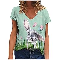 Women Short Sleeve Graphic Tee Easter Bunny Cute V Neck Tshirt Funny Design Trendy Tops Shirt Gifts Clothes Outfits