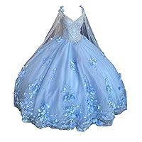 Romantic V Neck Back Corset Ball Gowns Prom Formal Quinceanera Dresses with Wrap Flowers Light Blue 24W