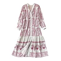 Bohemian Style Spring Autumn Women's Elegant Print V Neck Single Breasted A Line Midi Dress High Waist Dress