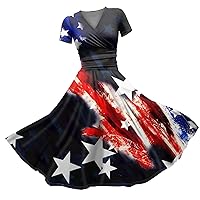 American Flag Dresses for Women Sexy V-Neck Print Waist Pull Pleated Short Sleeve Fit N Flare Dress