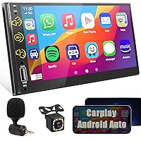 Apple Carplay Double Din Car Stereo Compatible with Android Auto, 7 inch HD Touchscreen Radio with Front Mic and Backup Camera, Car Audio Support Subwoofer, SWC, Voice Control, AM/FM, Mirroring