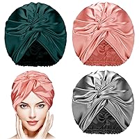 3 Pieces Silk Hair Wrap for Sleeping Women Bonnet Silk Sleeping Bonnet Elastic Hair Care Sleep Cap for Natural Curly Hair (Green, Grey, Watermelon Red)