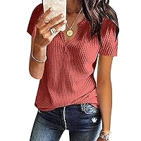 Summer Waffle Knit Tops for Women V Neck Short Sleeve T-Shirts 2024 Trendy Casual Loose Henley Shirts Tunic Blouse Plus Size