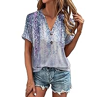 Fall Curved Hem Nice Shirt Lady Beach Short Sleeve Cozy with Buttons Shirts Ladies Print V Neck Polyester Purple XL