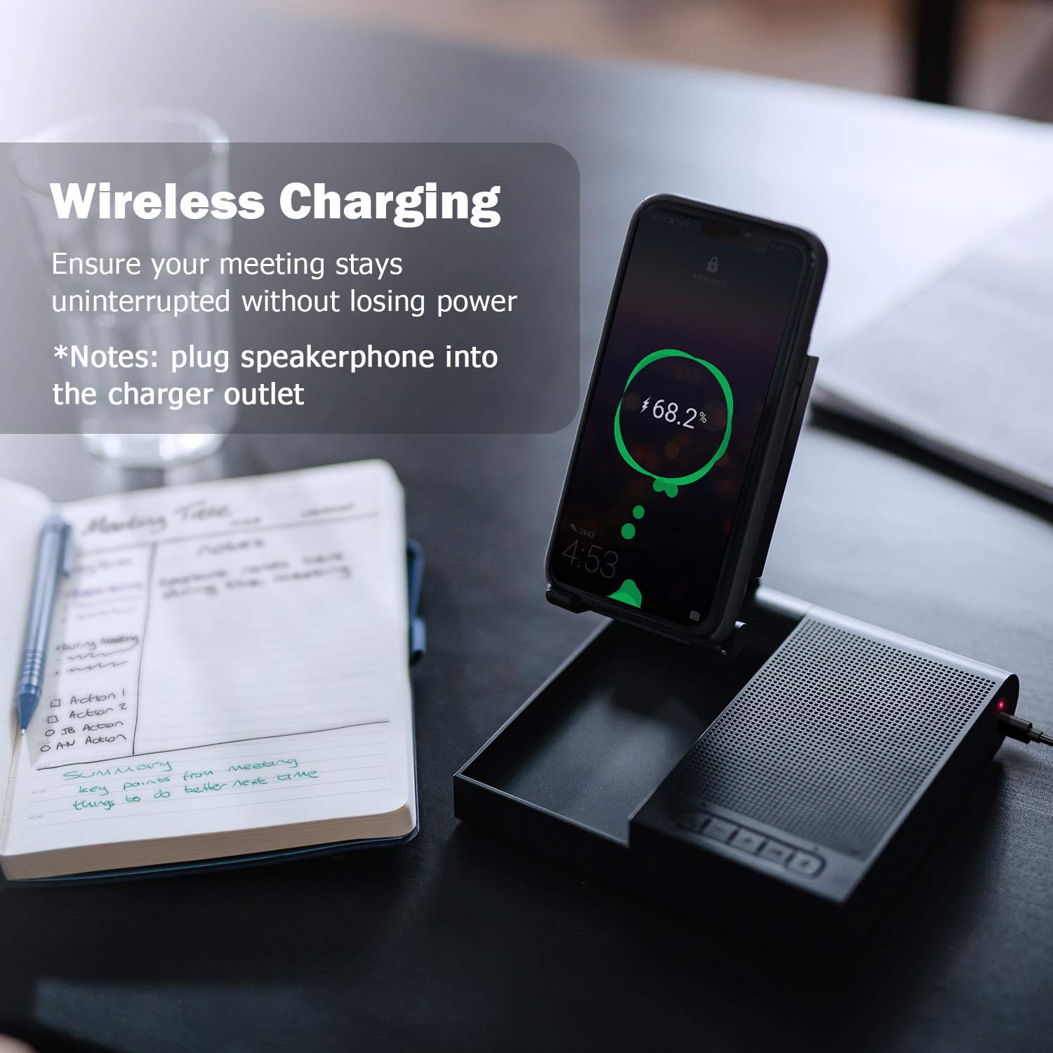Bluetooth USB Speakerphone, Wireless Speaker with Digital Signal Processing Noise Reduction, Enhanced Voice Pickup, Phone Stand, 10W Wireless Charger, Conference Speaker for Phone, Tablet, Home Office