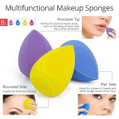 BEAKEY 4+1Pcs Makeup Sponges with Powder Brush, Foundation Blending Sponge for Liquid Cream and Powder, Professional Beauty Sponge Blender & Kabuki Brush (4 Boun Boun Sponges+ 1 Makeup Brush)