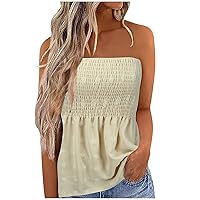 Women's Sexy Tube Tops Casual Summer Strapless Tank Top Trendy Smocked Bandeau Blouses Printed Sleeveless Shirts