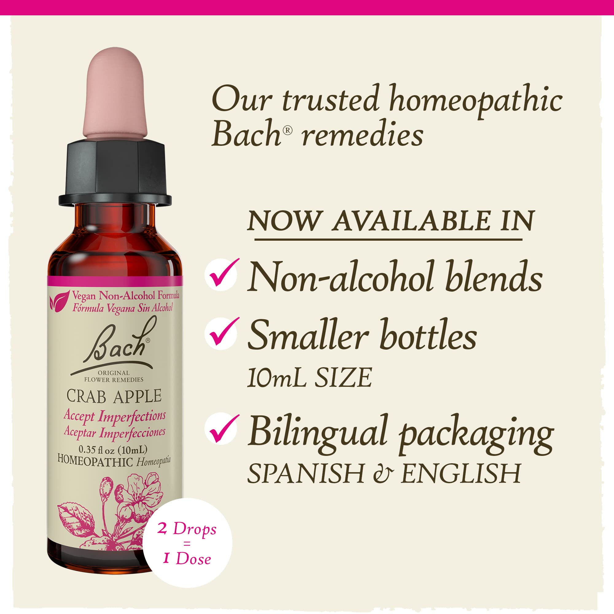 Bach Original Flower Remedies, Crab Apple for Accepting Imperfections (Non-Alcohol Formula), Natural Homeopathic Flower Essence, Holistic Wellness and Stress Relief, Vegan, 10mL Dropper
