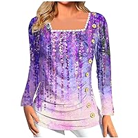 Long Sleeve Shirts for Women Printed Long Sleeve Shirt Pleated Button Design T-Shirt Outdoor Lace Square Collar Top