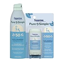 Coppertone Pure and Simple Zinc Oxide Mineral Sunscreen Spray + Stick Sunscreen SPF 50 Bundle, Broad Spectrum SPF 50 Sunscreen Pack (5 Oz Spray + 0.49 Oz Stick),2 Count(Pack of 1)