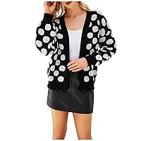 Women's Long Sleeves Button Down Open Front Chic Polka Dot Pattern Knitted Sweater Cardigan Coat Outwear Soft Lightweight Cozy Loose V Neck Cardigans Fashion Fall Winter Outwear(B Black S)