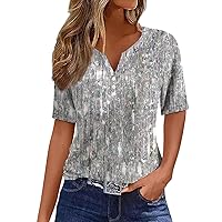 Womens Summer Tops Casual Sequin Printed V-Neck Short Sleeve Decorative Button T-Shirt Top