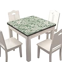 Spring Square Fitted Tablecloths, Green White Leaves Elastic Edge Home Decorative Polyester Tablecloth, Dust & Wrinkle Proof Fabric Table Clothes for Family Picnic BBQ Use, Fits 36