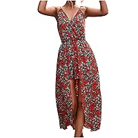 Maxi Dress for Women's Summer Beach Casual Sundress Boho Floral Skirt Kilts Sleeveless Irregular Split Hem Culottes