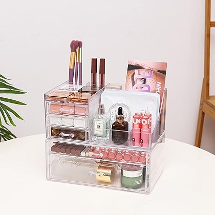 Cq acrylic Clear Makeup Organizer With Drawers,Stackable Cosmetic Storage Display Case for Vanity,Dresser Bathroom Countertop Holder for Lipstick,Brushes,Lotions,Eyeshadow,Nail Polish and Jewelry