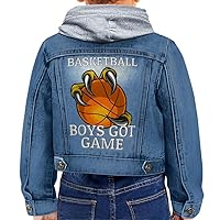 Basketball Print Toddler Hooded Denim Jacket - Illustration Jean Jacket - Themed Denim Jacket for Kids