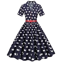Women Patriotic Stars Stripes 1950s Vintage Cocktail Dress Summer Lapel Short Sleeve Button A-Line Dress with Belt