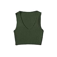 SweatyRocks Women's Ribbed Knit Crop Sleeveless V-Neck Sweater Vest Crop Tank Top Dark Green XS