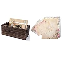 Dahey 30Pcs Vintage Stationery Floral Writting Paper Matching Envelopes Sets and Rustic Wood Organizer for Countertop Bill Organizer Letter Holder