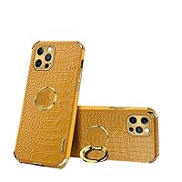 Luxury Soft Leather Phone case with Rotatable Finger Ring Bracket for iPhone 14 13 12 11 Plus Pro Max Mini Four Corner Reinforcement Protective Cover(Yellow,12)