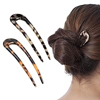 2 Pack Benefree French Style Cellulose Acetate Tortoise Shell U Shaped Hair Pins Fork 2 Prong Updo Chignon Pin for Women Girls Hairstyle Accessories（Tortoiseshell and White Tortoiseshell)