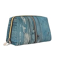 Vintage Blue Wood Print Makeup Bag Portable Versatile Toiletry Bag Large Capacity Cosmetic Bag For Women