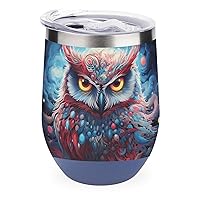 Colorful Owl in The Moonlight 12 Oz Wine Tumbler with Lid Double Wall Travel Mugs Stainless Steel Wine Glasses for Cold & Hot Drinks