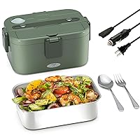 80W 1.8L/60-oz Heated Lunch Box for Adults, 12V/24V/110V Electric Lunchbox Food Warmer Portable for Car, Truck, Work, Food Heater with Removable 304 SS Container, Fork & Spoon, Divider (Green)