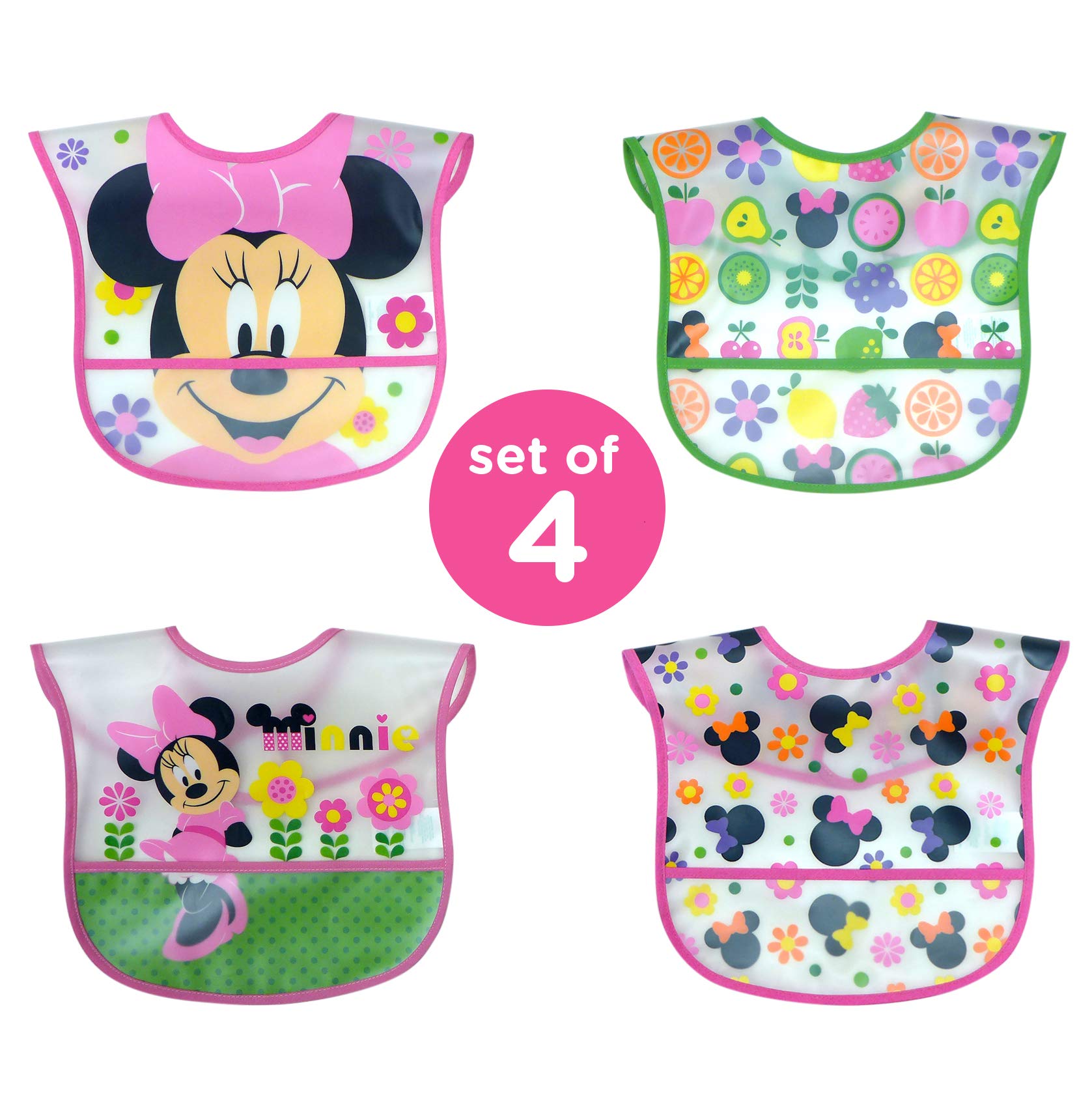 Disney Minnie Mouse Easy Wipe Toddler Bib with Crumb Catcher 4 Pack