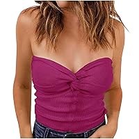 Summer Womens Ribbed Knit Twist Knot Front Bandeau Off Shoulder Fashion Comfy Sexy Slim Y2K Tube Tops for Going Out